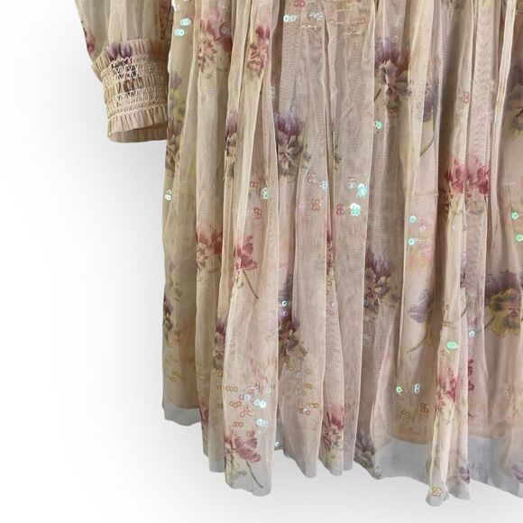 Needle & Thread Sequin Mini Dress with Sheer Sleeves in Dusty Mauve Pink Floral - Picture 4 of 15